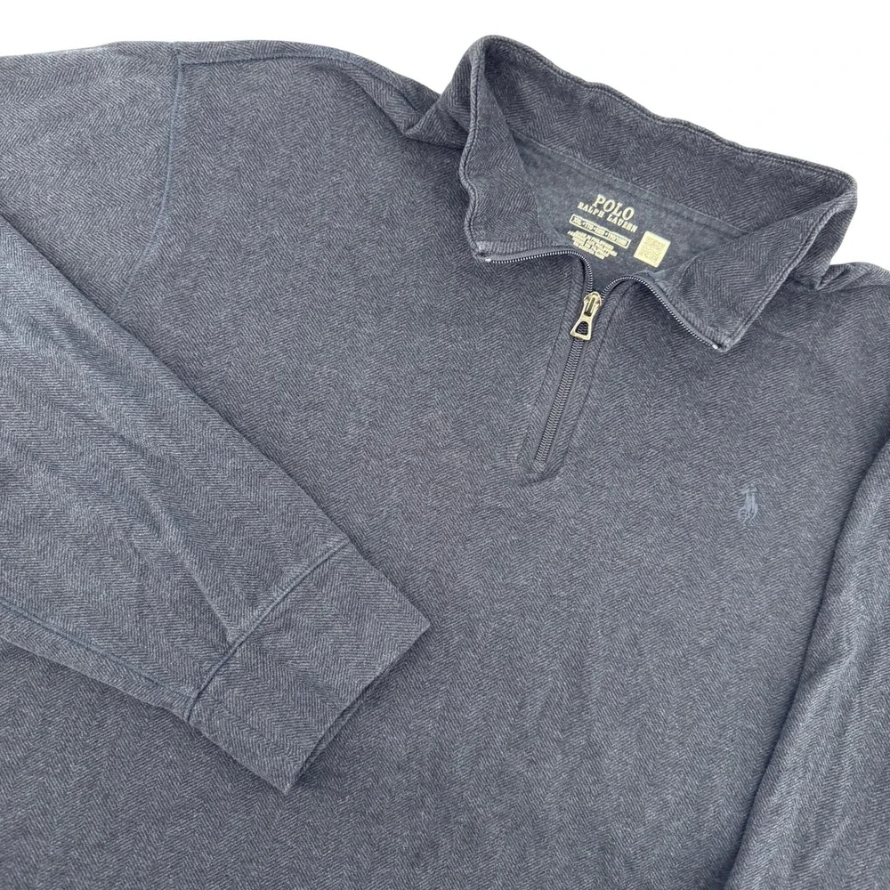 Polo Ralph Lauren Pullover Mens XXL Navy Blue Herringbone Quarter Zip Mock Neck